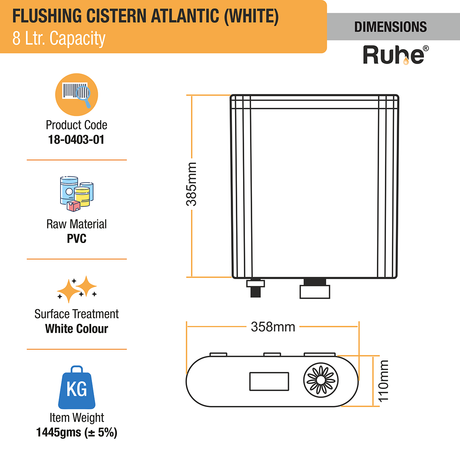 Atlantic Flushing Cistern 8 Ltr (White) dimensions and sizes
