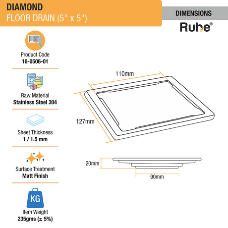 Diamond Square 304-Grade Floor Drain (5 x 5 Inches) - by Ruhe®