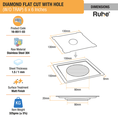 Diamond Square Flat Cut 304-Grade Floor Drain with Hole (6 x 6 Inches) dimensions and sizes