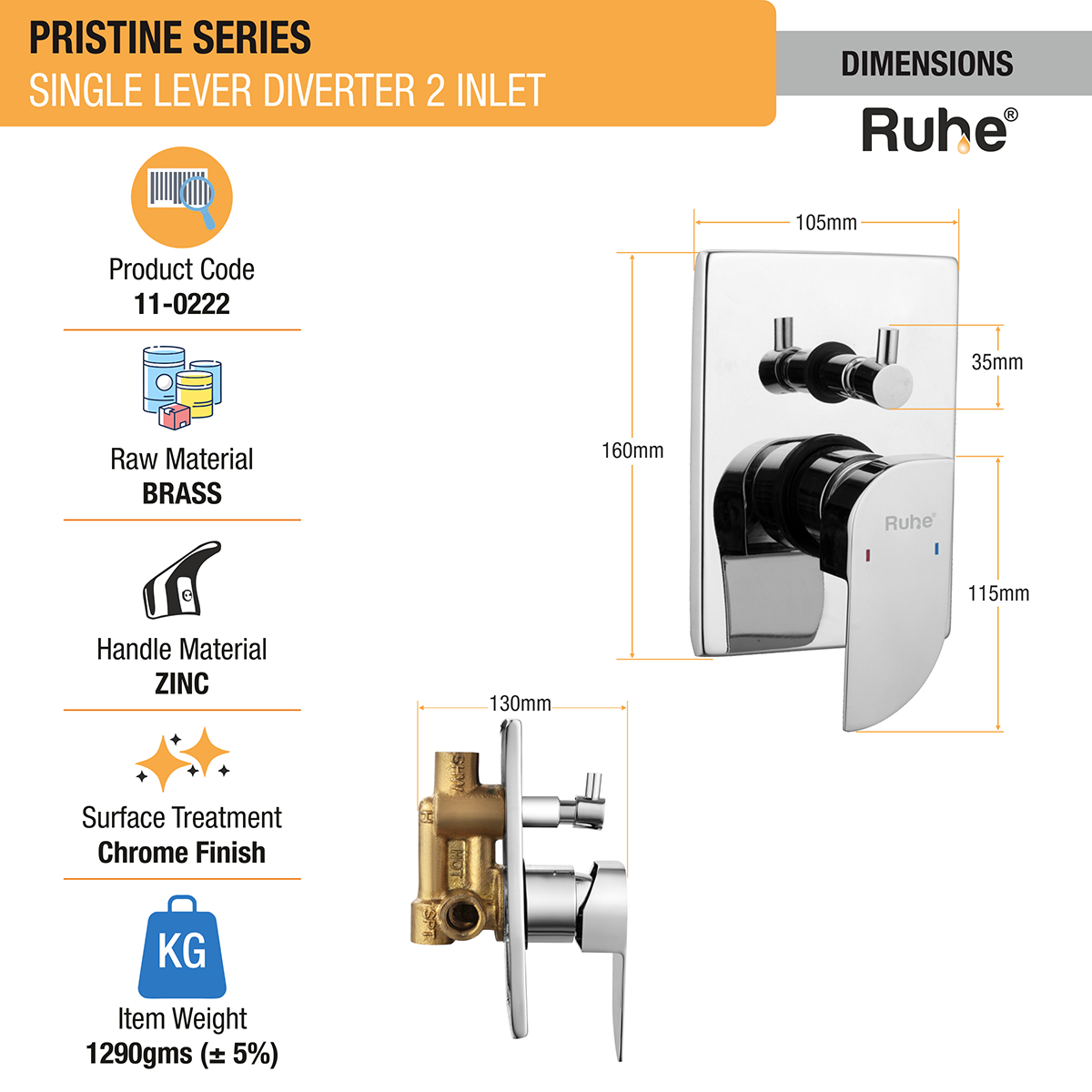 Pristine Single Lever 2-inlet Diverter (Complete Set) - by Ruhe®