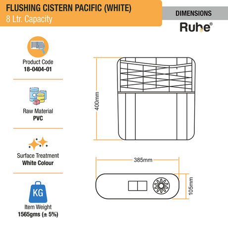 Pacific Flushing Cistern 8 Ltr (White) size and dimensions