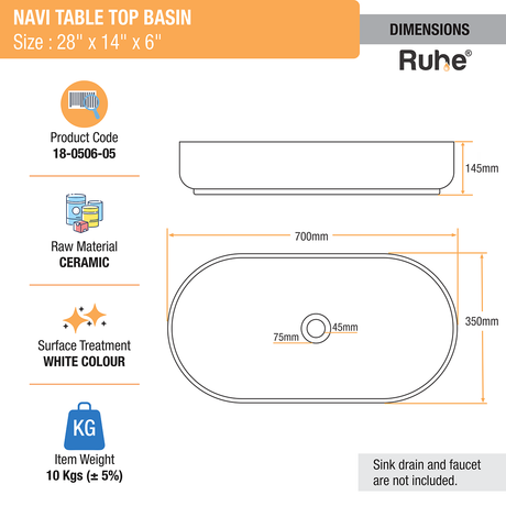 Navi Table Top Wash Basin (White) - by Ruhe®