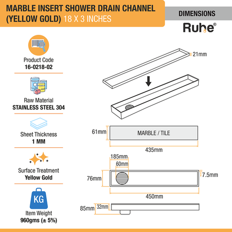 Marble Insert Shower Drain Channel (18 x 3 Inches) YELLOW GOLD PVD Coated dimensions and sizes