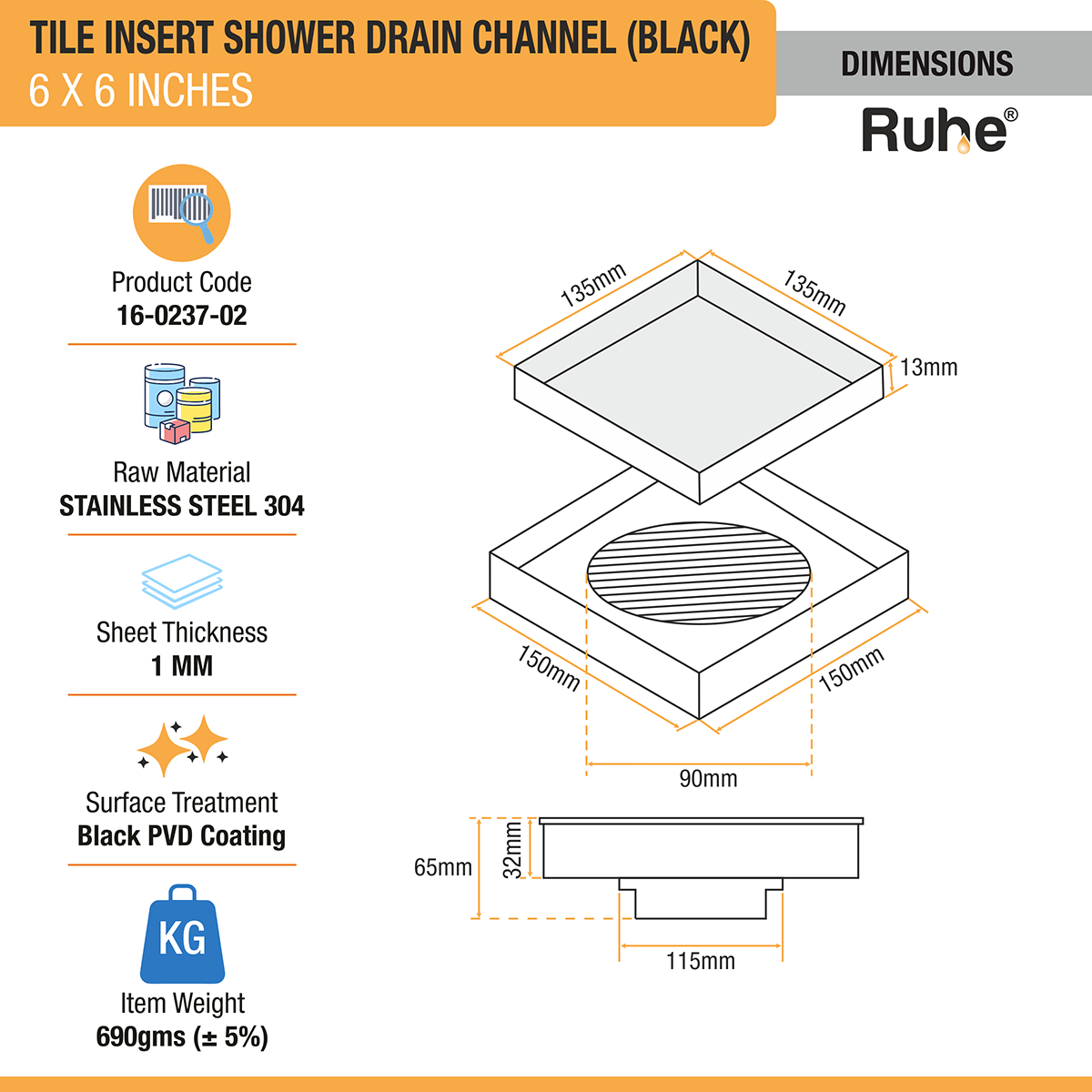 Tile Insert Shower Drain Channel (6 x 6 Inches) Black PVD Coated dimensions and sizes