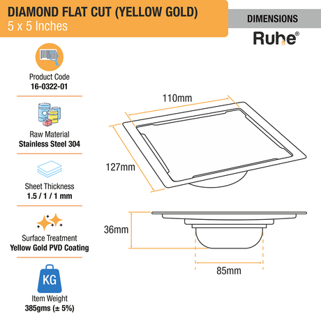 Diamond Square Flat Cut Floor Drain in Yellow Gold PVD Coating (5 x 5 Inches) dimensions and sizes