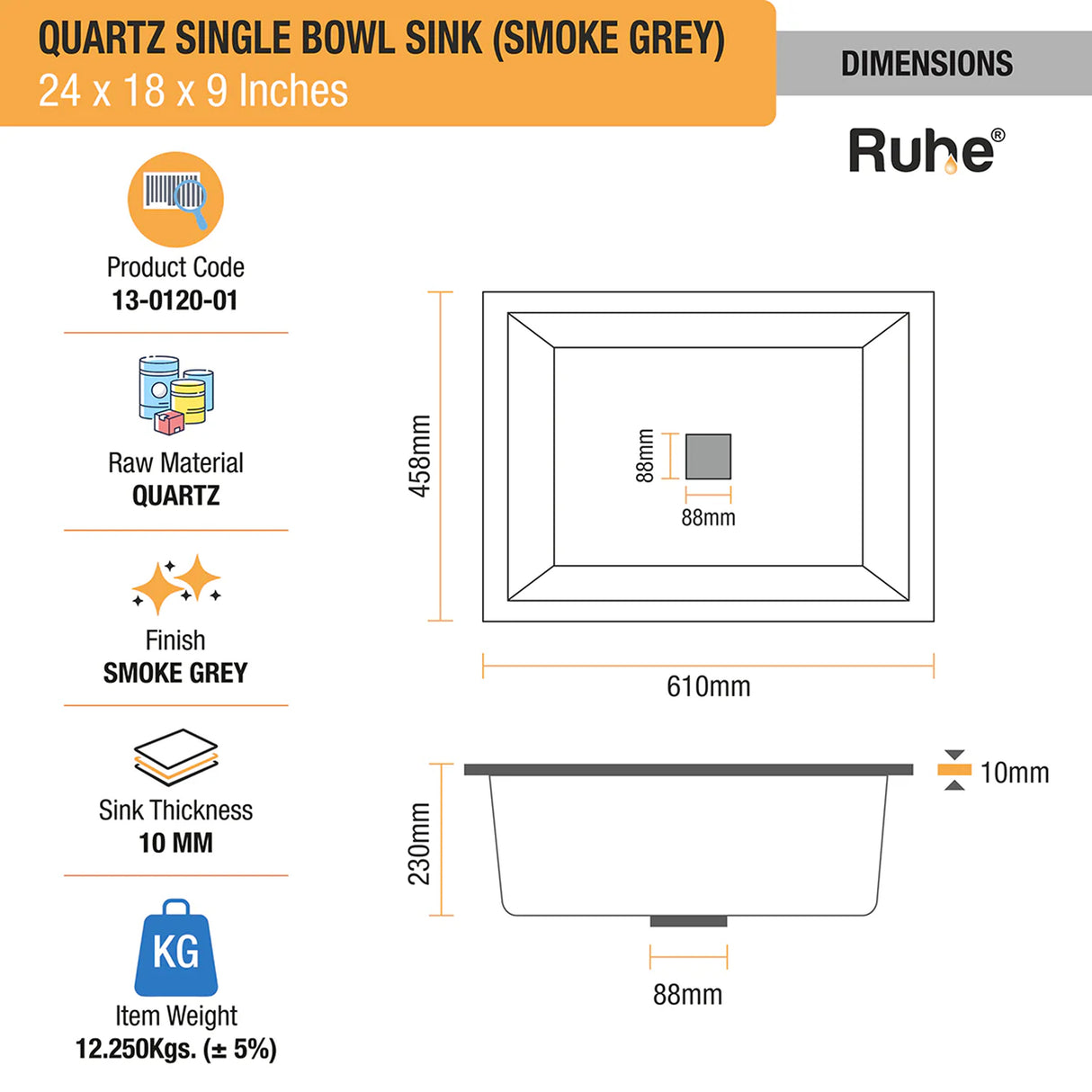 Quartz Single Bowl Kitchen Sink - Smoke Grey (24 x 18 x 9 inches) - by Ruhe®