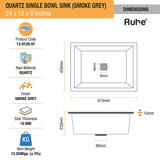 Quartz Single Bowl Kitchen Sink - Smoke Grey (24 x 18 x 9 inches) - by Ruhe®
