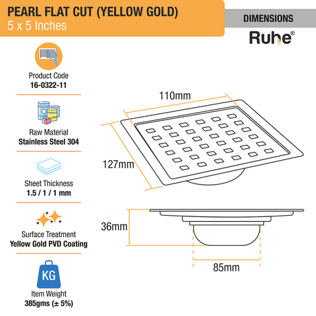 Pearl Square Flat Cut Floor Drain in Yellow Gold PVD Coating (5 x 5 Inches) dimensions and sizes