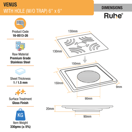 Venus Square Premium Floor Drain (6 x 6 Inches) with Hole - by Ruhe®