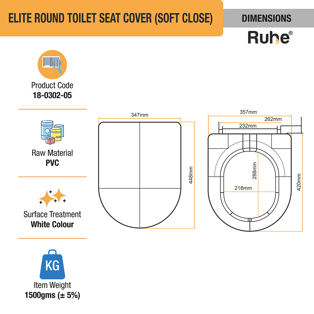 Elite Round Toilet Seat Cover (Soft Close) dimensions and sizes