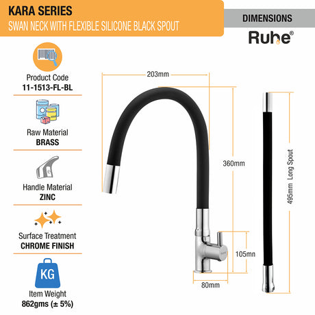 Kara Swan Neck Brass Faucet with Silicone Black Flexible Spout dimensions and sizes