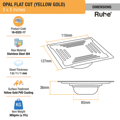 Opal Square Flat Cut Floor Drain in Yellow Gold PVD Coating (5 x 5 Inches) dimensions and sizes