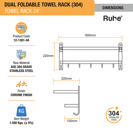 Dual Foldable 304-Grade Towel Rack (24 Inches) dimensions and sizes