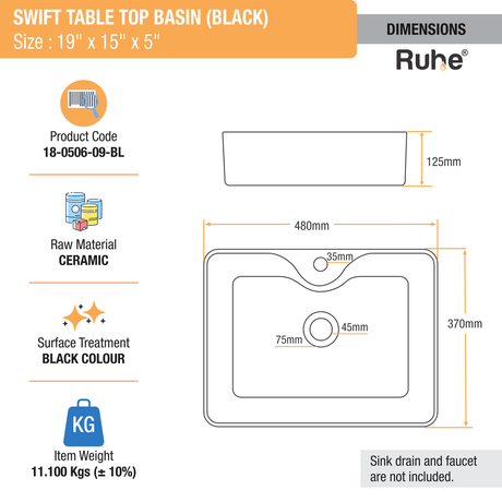 Swift Table Top Wash Basin (Black) - by Ruhe