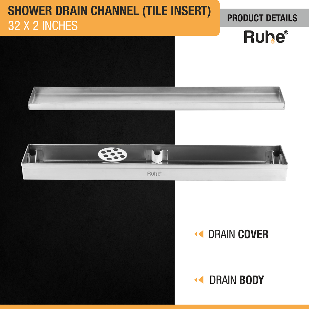 Tile Insert Shower Drain Channel (32 x 2 Inches) (304 Grade) with drain cover and drain body