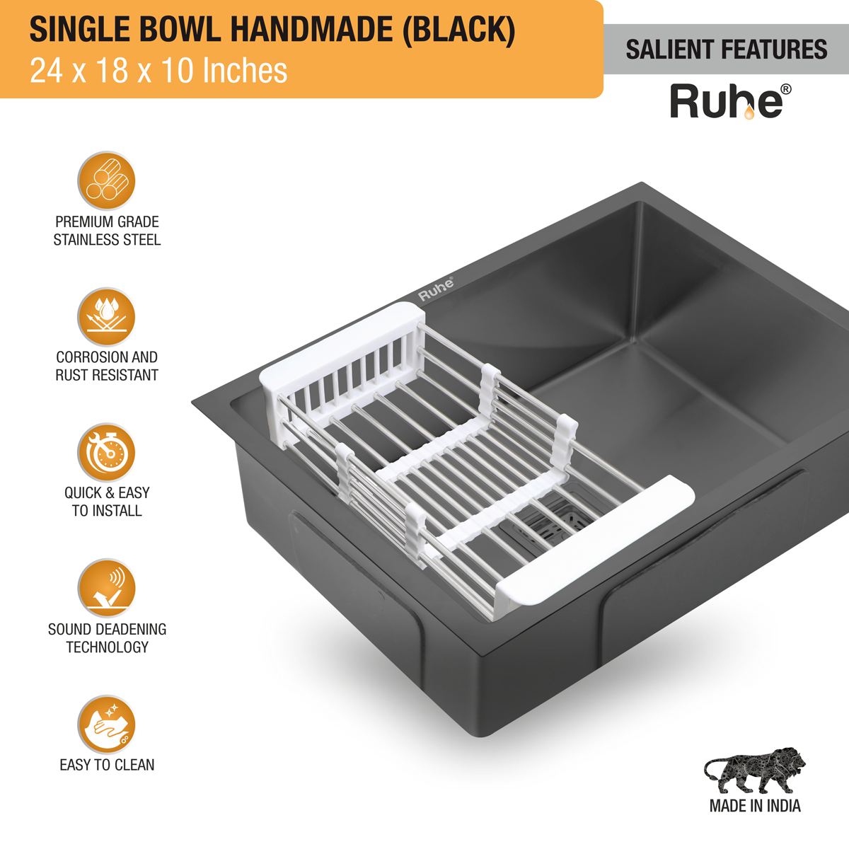 Black Handmade Single Bowl Premium Stainless Steel Kitchen Sink ( 24 x 18 x 10 Inches) - by Ruhe®