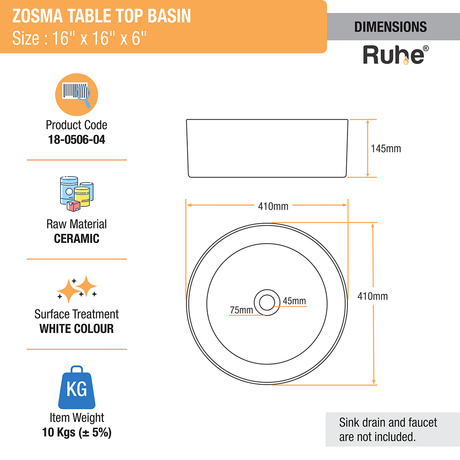 Zosma Counter Top Wash Basin (White) - by Ruhe®
