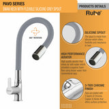 Pavo Swan Neck Brass Faucet with Silicone Grey Flexible Spout product details like silicone spout, high quality aerator, 3 chrome plated layers