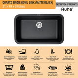 Quartz Single Bowl Kitchen Sink - Matte Black (31 x 19 x 9 inches) - by Ruhe®