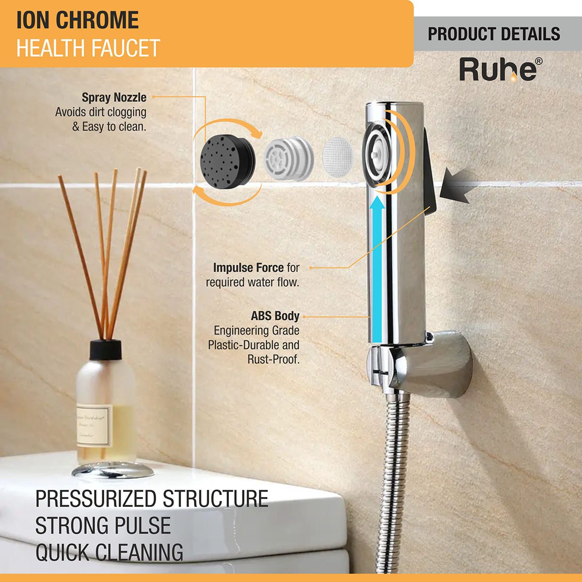 Ion Chrome Health Faucet with Braided 1 Meter Flexible Hose (304 Grade) & Hook product details and specifications