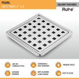 Pearl Square 304-Grade Floor Drain (5 x 5 Inches) - by Ruhe®