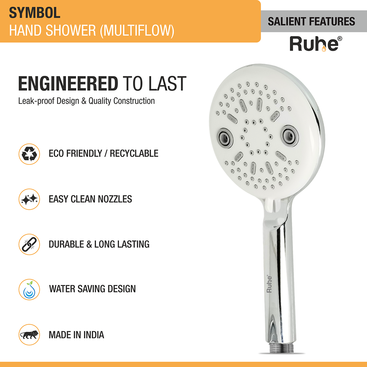 Symbol ABS Multi-Flow Hand Shower with Flexible Tube (304 Grade) and Hook features and benefits