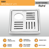 Ruby Square 304 Grade Floor Drain with Hole (5 x 5 Inches) - by Ruhe®