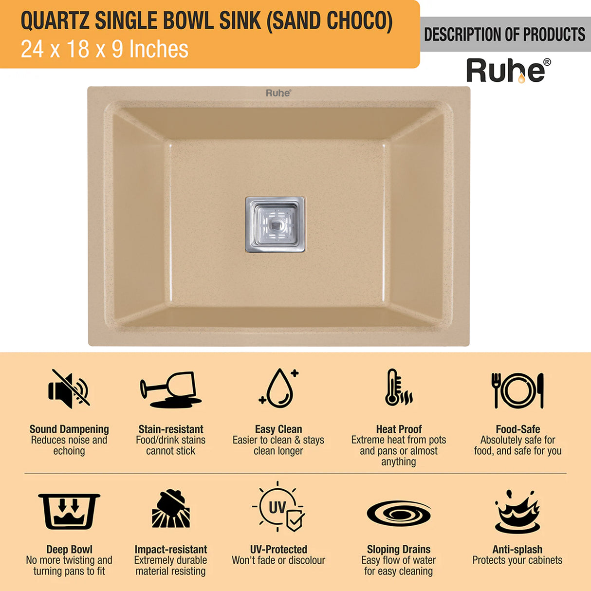 Quartz Single Bowl Kitchen Sink - Sand Choco (24 x 18 x 9 inches) - by Ruhe®