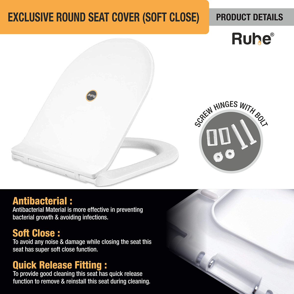 Exclusive Round Toilet Seat Cover (White) (Soft Close) details