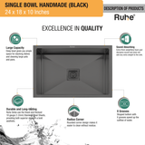 Black Handmade Single Bowl Premium Stainless Steel Kitchen Sink ( 24 x 18 x 10 Inches) - by Ruhe®