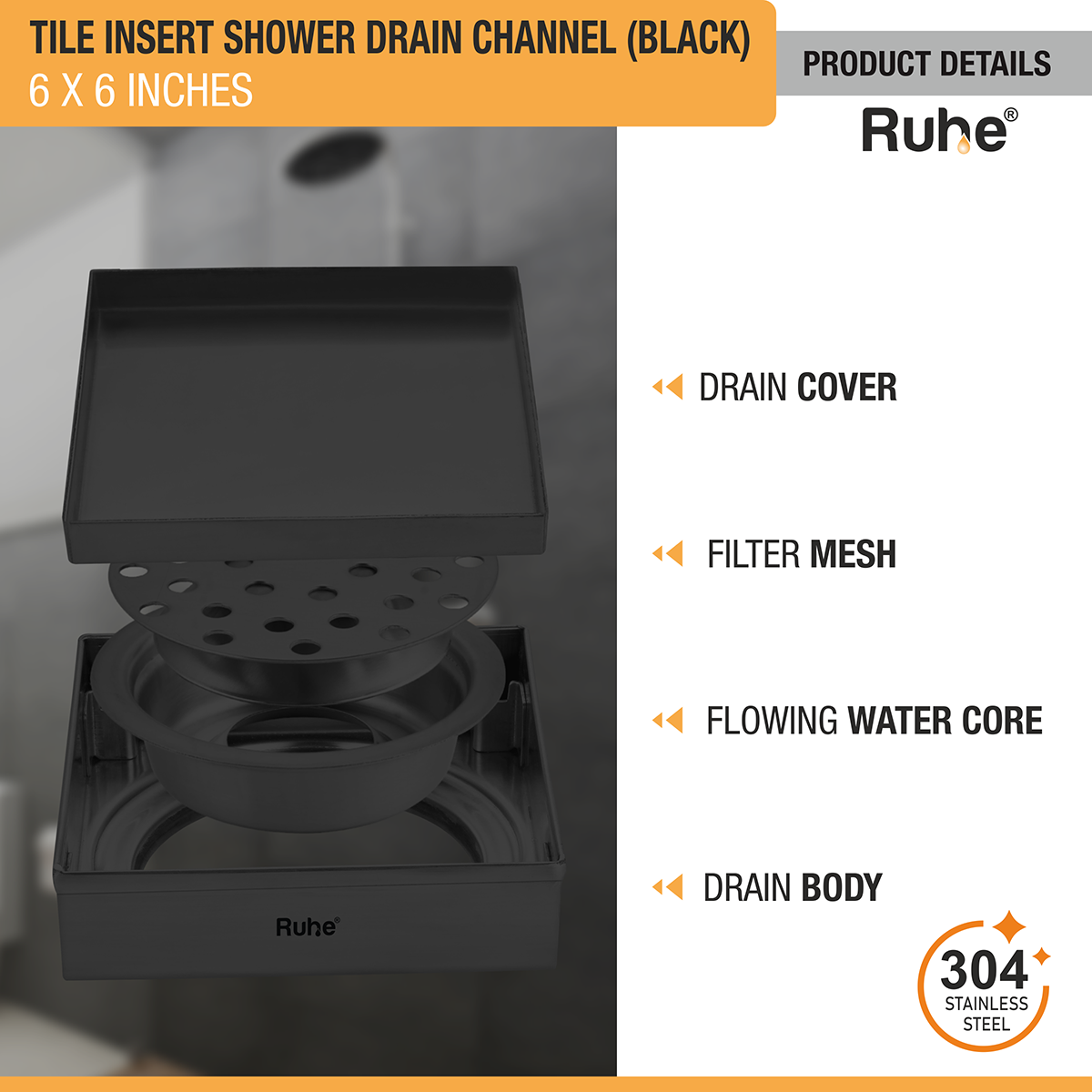 Tile Insert Shower Drain Channel (6 x 6 Inches) Black PVD Coated with drain cover, filter mesh, flowing water core, drain body