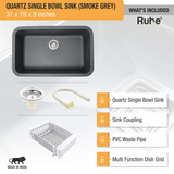 Quartz Single Bowl Kitchen Sink - Smoke Grey (31 x 19 x 9 inches) - by Ruhe®