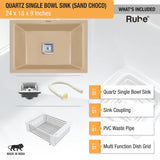 Quartz Single Bowl Kitchen Sink - Sand Choco (24 x 18 x 9 inches) - by Ruhe®