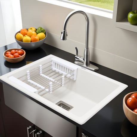 Quartz Single Bowl Kitchen Sink - Crystal White (24 x 18 x 9 inches) - by Ruhe®