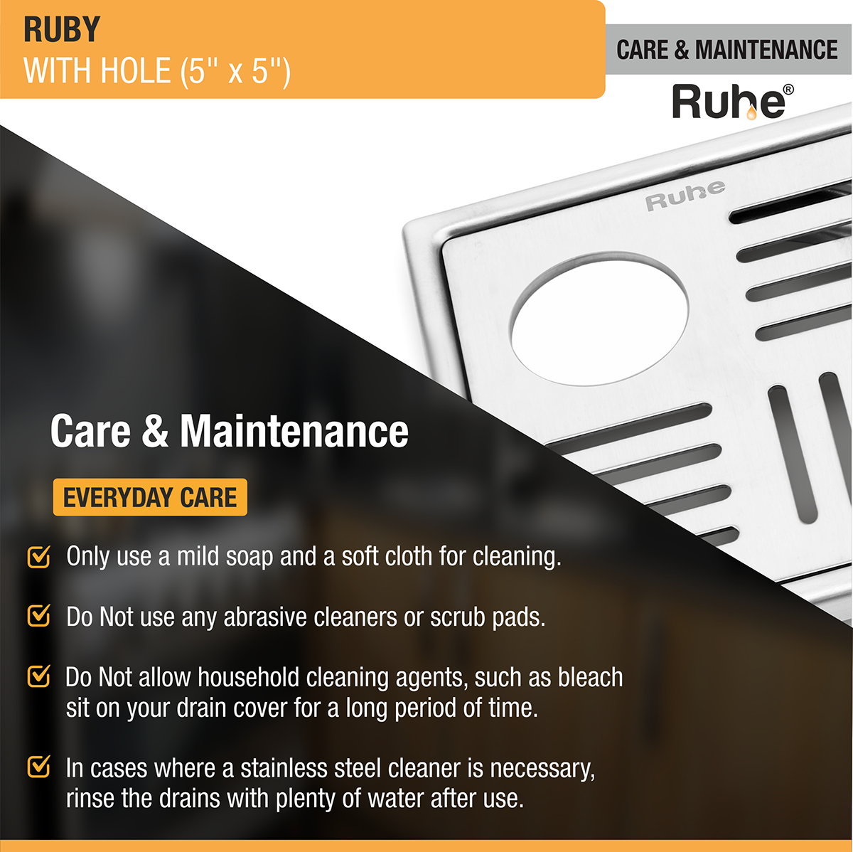 Ruby Square 304 Grade Floor Drain with Hole (5 x 5 Inches) - by Ruhe®