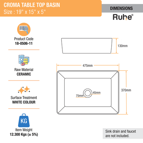 Croma Table Top Wash Basin (White) - by Ruhe®