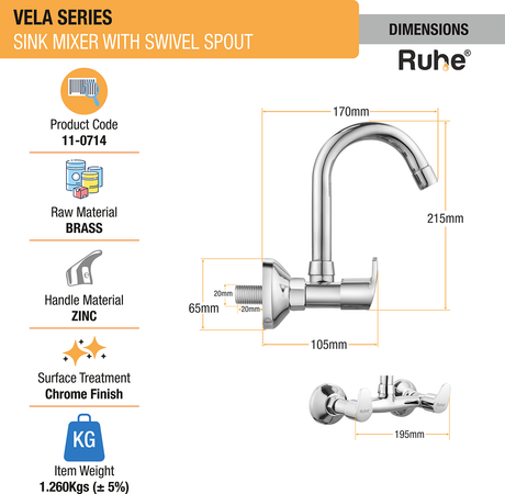 Vela Sink Mixer with Small (7 inches) Round Swivel Spout Faucet dimensions and size
