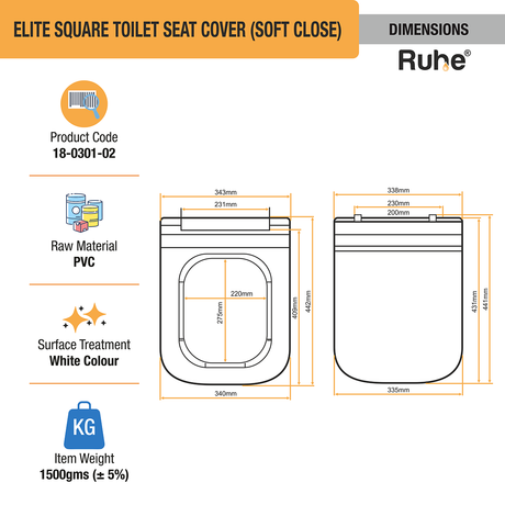 Elite Square Toilet Seat Cover (Soft Close) dimensions and sizes
