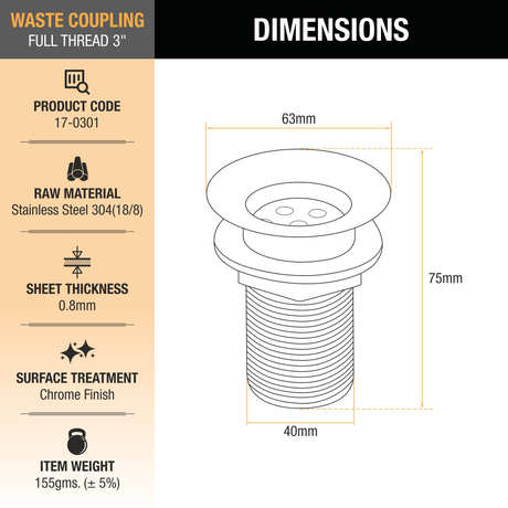 Full Thread Waste Coupling (3 Inches) (304 Grade) dimensions and size