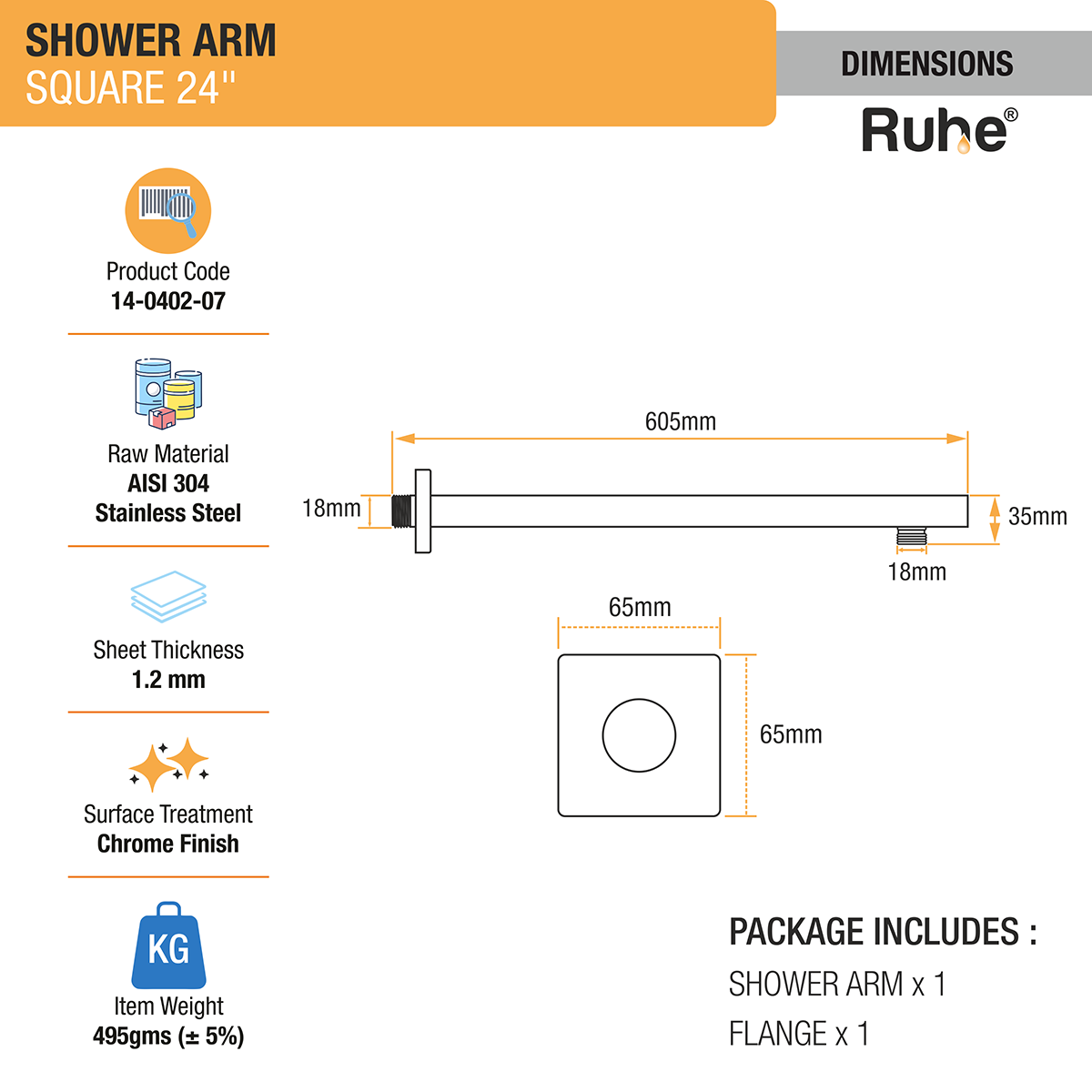 Square 304-Grade Shower Arm (24 Inches) with Flange dimensions and sizes