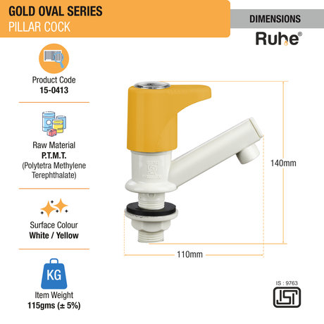 Gold Oval PTMT Pillar Cock Faucet dimensions and size