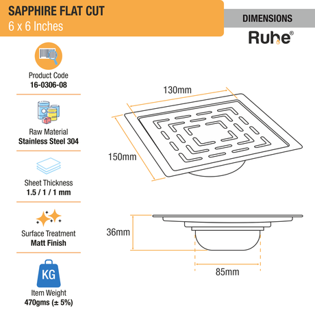 Sapphire Floor Drain Square Flat Cut (6 x 6 Inches) with Cockroach Trap (304 Grade) dimensions and size
