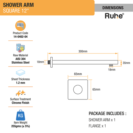 Square 304-Grade Shower Arm (12 Inches) with Flange dimensions and sizes