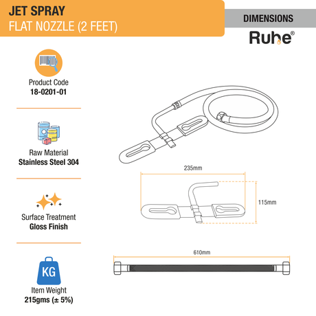 Jet Spray Flat Nozzle (2 Feet) (304 Grade) dimensions and size