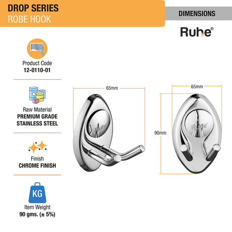 Drop Stainless Steel Robe Hook dimensions and sizes