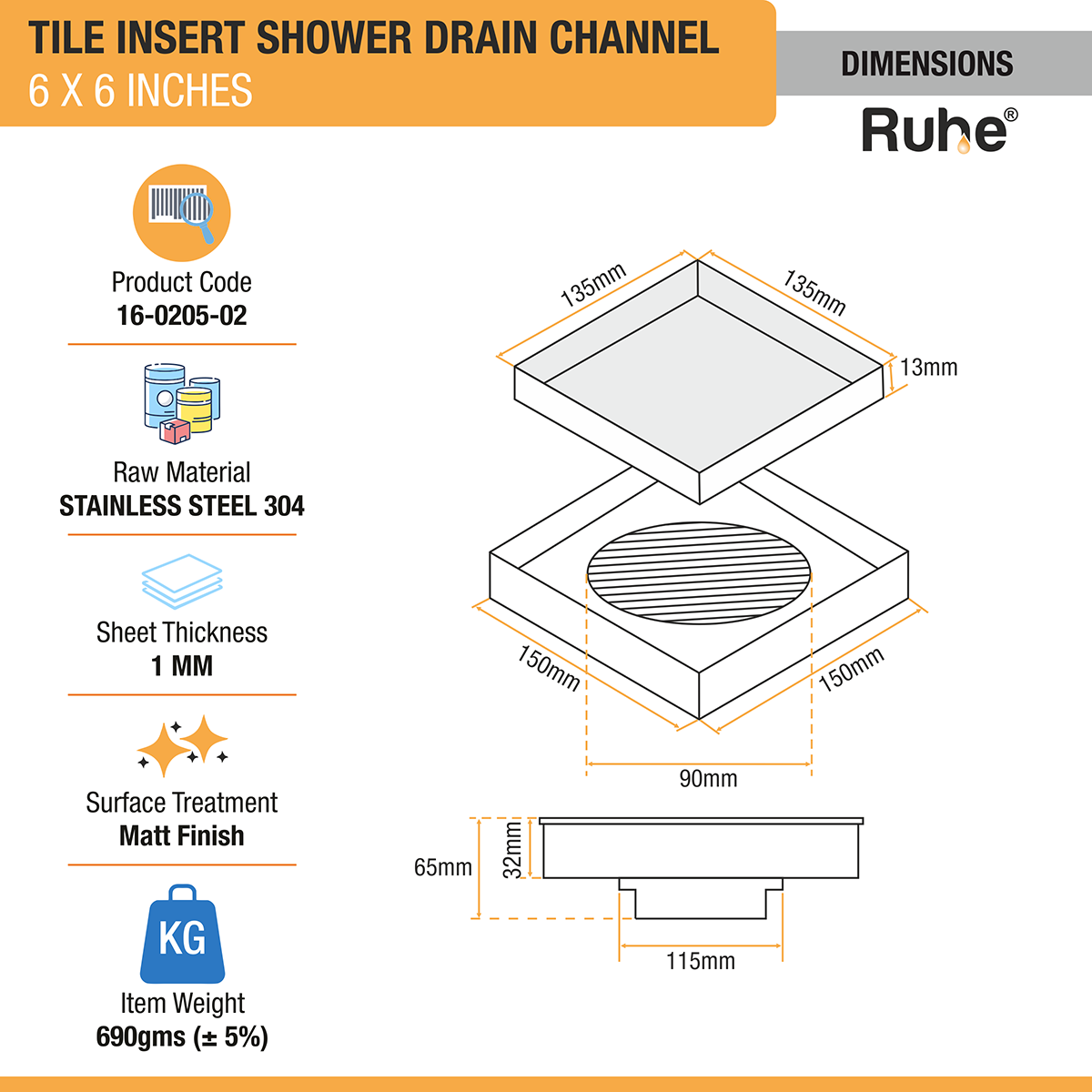 Tile Insert Shower Drain Channel (6 x 6 Inches) with Cockroach Trap (304 Grade) dimensions and size