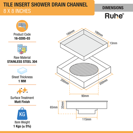 Tile Insert Shower Drain Channel (8 x 8 Inches) with Cockroach Trap (304 Grade) dimensions and size