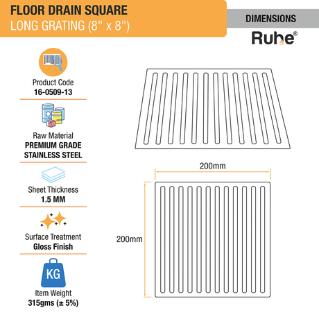 Long Grating Floor Drain (8 x 8 inches) dimensions and size