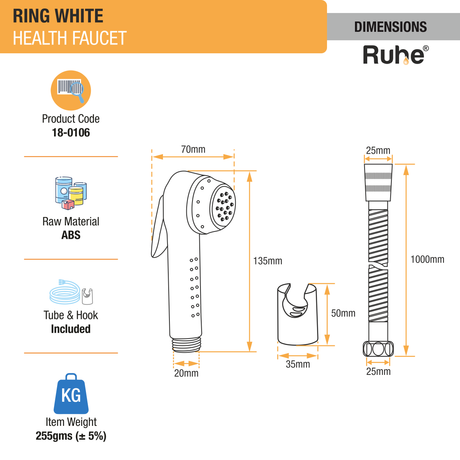 Ring White Health Faucet with Flexible Hose and Hook dimensions and size