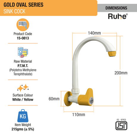 Gold Oval PTMT Sink Cock with Swivel Spout Faucet dimensions and size
